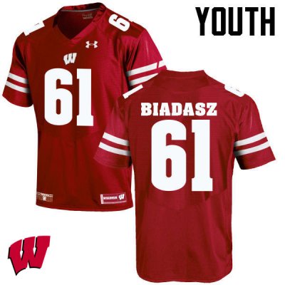 Youth Wisconsin Badgers NCAA #61 Tyler Biadasz Red Authentic Under Armour Stitched College Football Jersey TI31G80IU